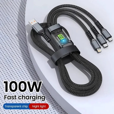 100W Fast Charging 3-in-1 Cable – Nylon Braided Multi USB Charger Cord with Type-C & Micro USB Adapters - black / 1.2m