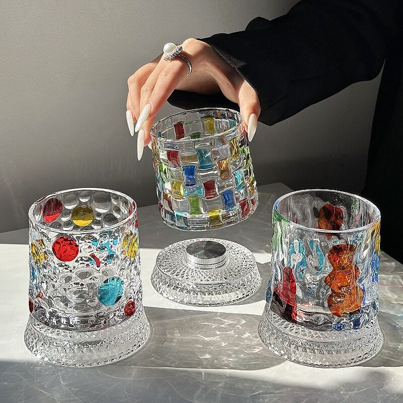 Hand Painted Rattan Glass Tumbler with Matching Base - Rattan money - Hair Remover