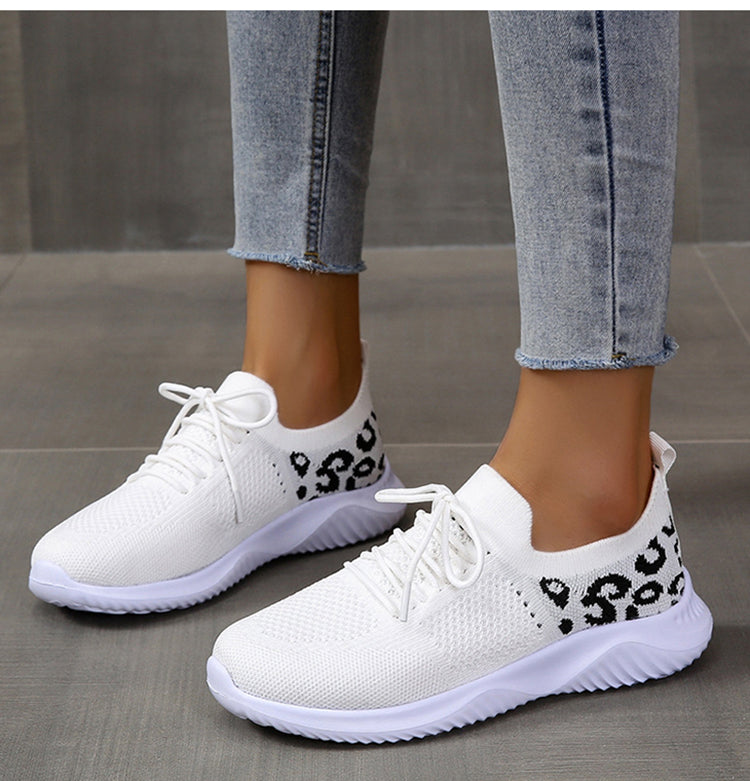 White Shoes Women Leopard Print Lace-up Sneakers Sports - White / Size35