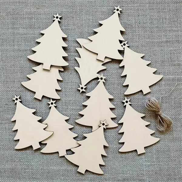 10pcs Unfinished Wood Christmas Tree Ornaments: DIY Blank Slices for Holiday Crafts - 10Pcs