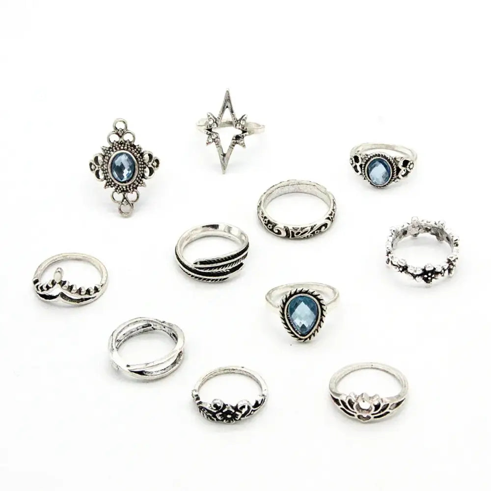 11pcs/set Bohemia Vintage Silver Gothic Aesthatic Vintage Carved Feathers Flowers Leaves Butterfly Ring set for women