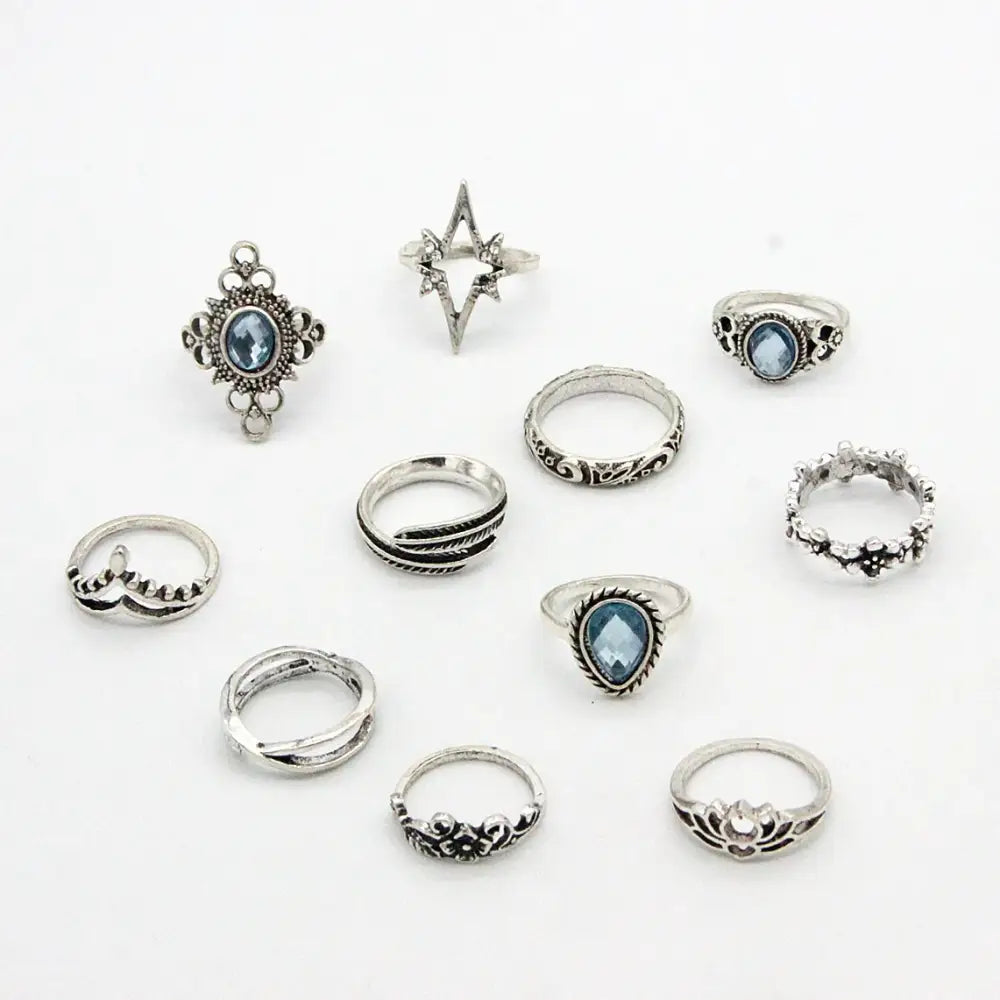 11pcs/set Bohemia Vintage Silver Gothic Aesthatic Vintage Carved Feathers Flowers Leaves Butterfly Ring set for women