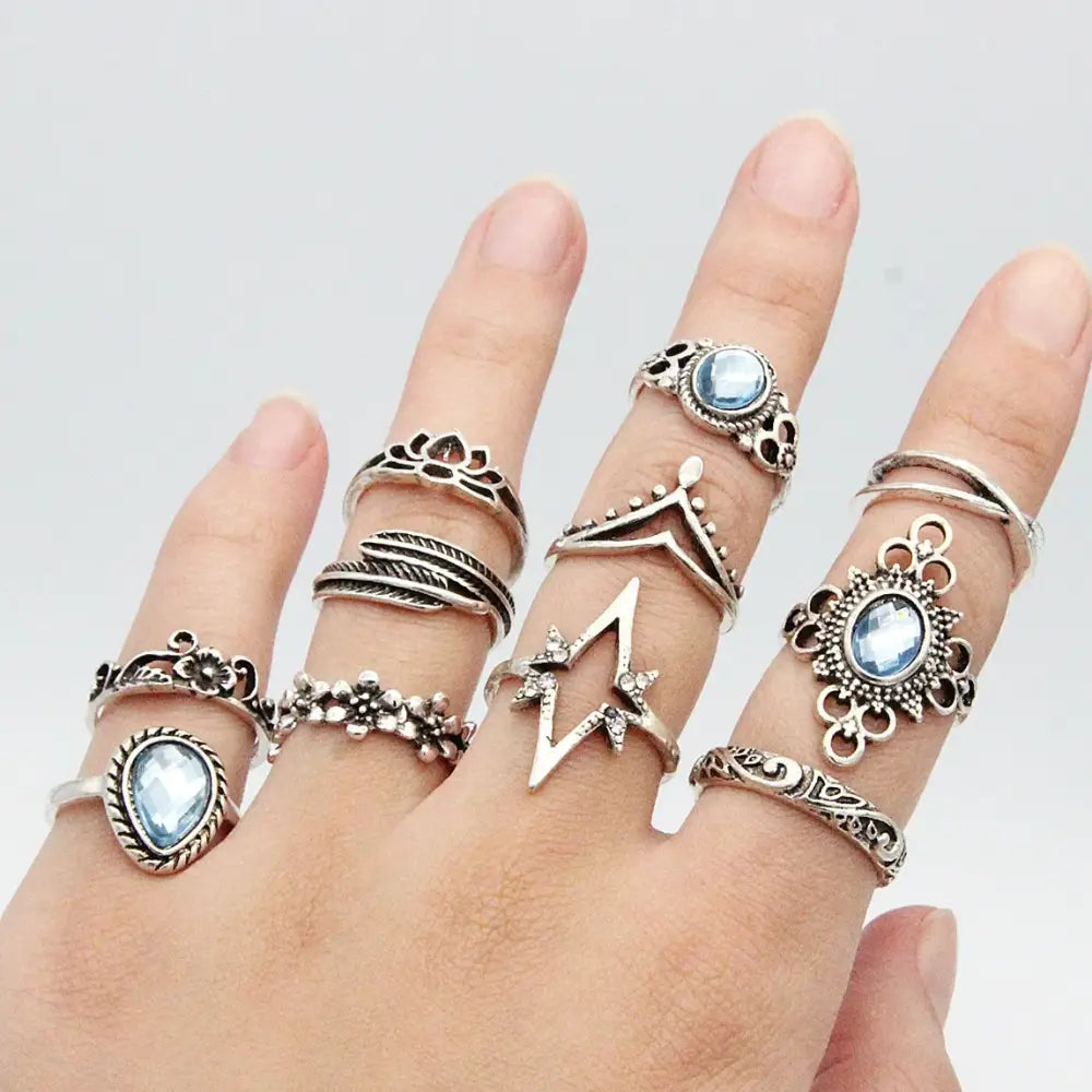 11pcs/set Bohemia Vintage Silver Gothic Aesthatic Vintage Carved Feathers Flowers Leaves Butterfly Ring set for women
