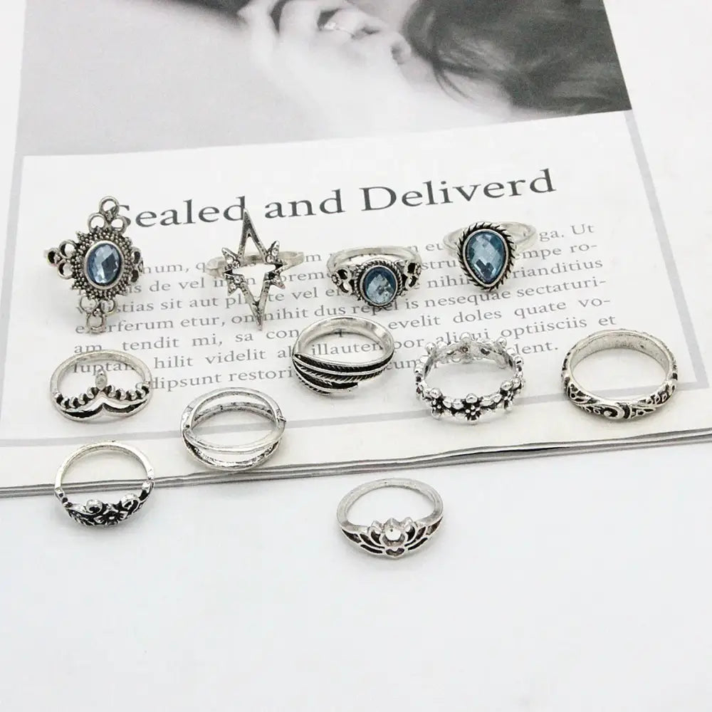 11pcs/set Bohemia Vintage Silver Gothic Aesthatic Vintage Carved Feathers Flowers Leaves Butterfly Ring set for women