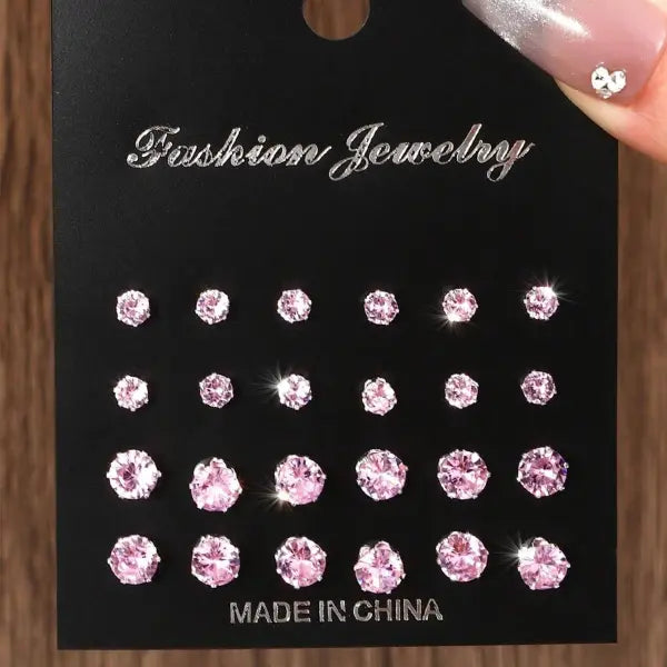 12 Pairs of Luxurious Simple Shiny Zirconia Stud Earrings