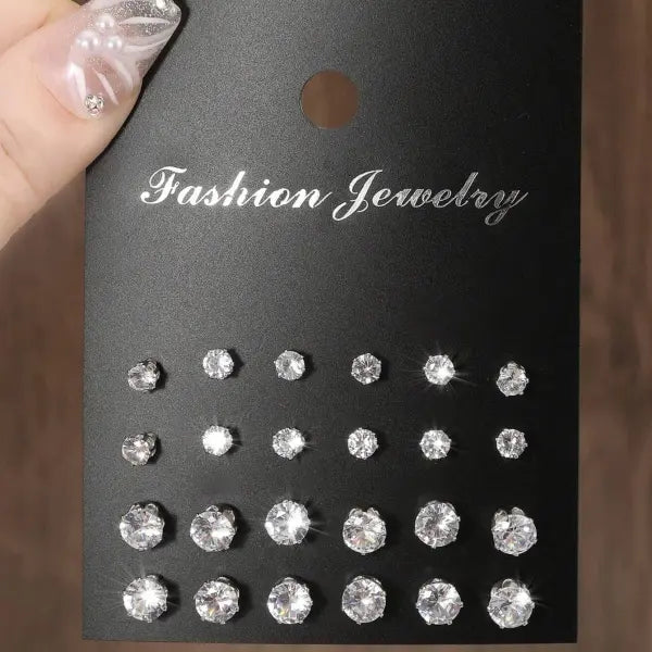 12 Pairs of Luxurious Simple Shiny Zirconia Stud Earrings - Silver 4-6mm