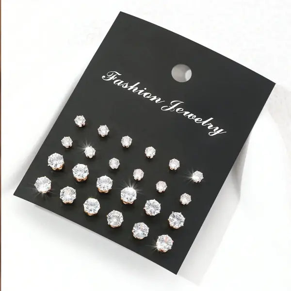 12 Pairs of Luxurious Simple Shiny Zirconia Stud Earrings
