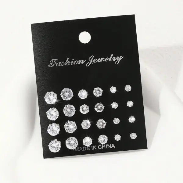 12 Pairs of Luxurious Simple Shiny Zirconia Stud Earrings