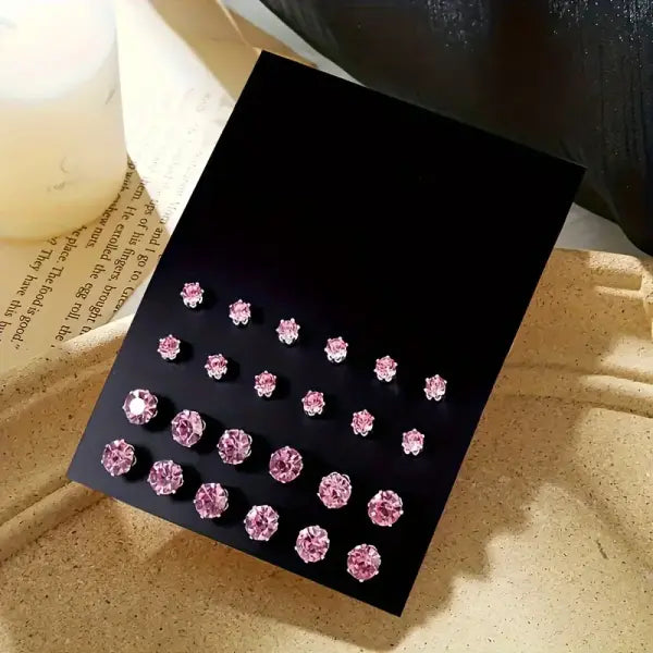 12 Pairs of Luxurious Simple Shiny Zirconia Stud Earrings - Pink