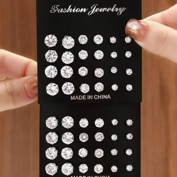 12 Pairs of Luxurious Simple Shiny Zirconia Stud Earrings