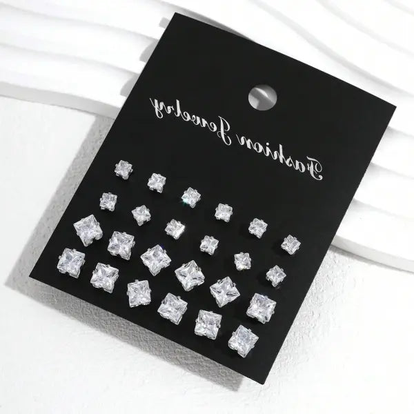 12 Pairs of Luxurious Simple Shiny Zirconia Stud Earrings - square 4-6mm