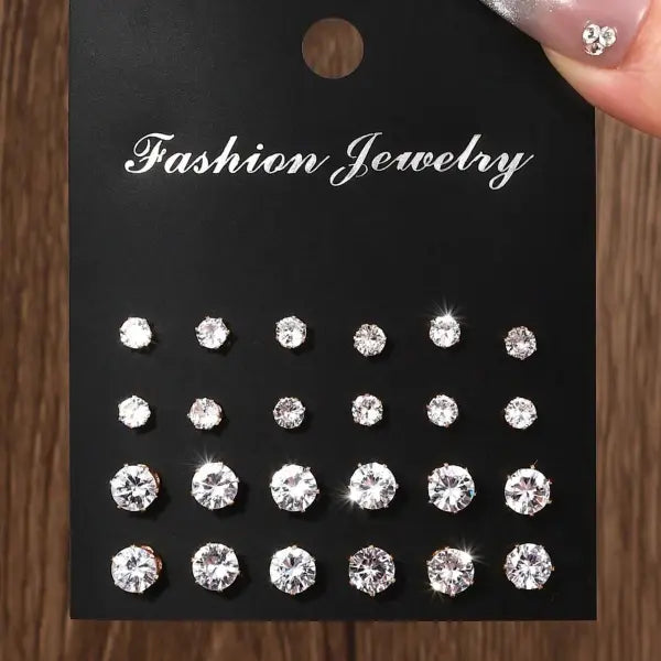 12 Pairs of Luxurious Simple Shiny Zirconia Stud Earrings - Golden 4-6mm