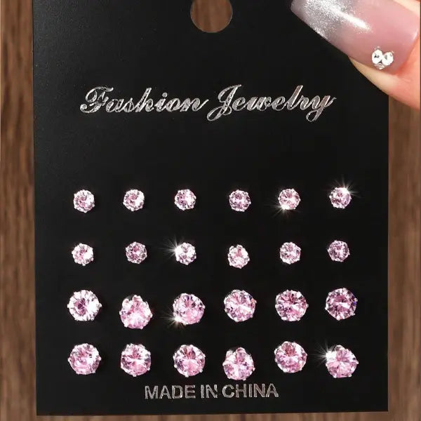 12 Pairs of Luxurious Simple Shiny Zirconia Stud Earrings - Pink 4-6mm