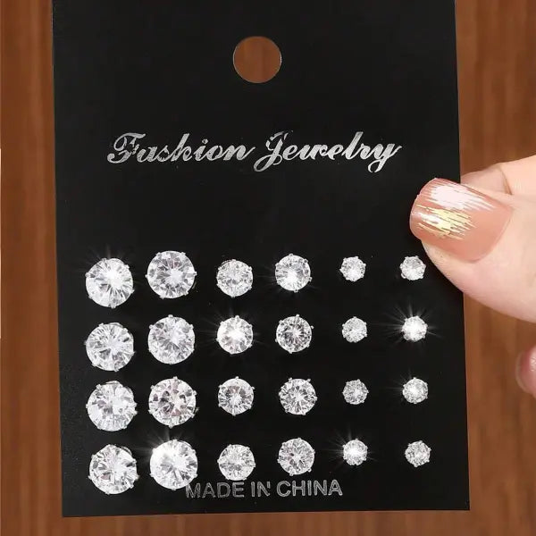 12 Pairs of Luxurious Simple Shiny Zirconia Stud Earrings - Silver 4-6-8mm