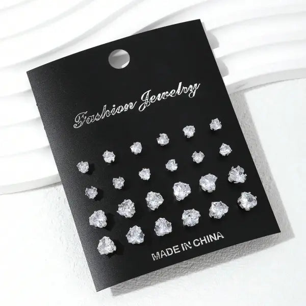 12 Pairs of Luxurious Simple Shiny Zirconia Stud Earrings - heart-shaped 4-6mm