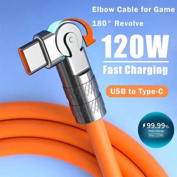 120W 7A Fast Charging USB Type-C Cable – 180° Rotating Elbow Charger Cord for Xiaomi Redmi Honor Phones & Gaming