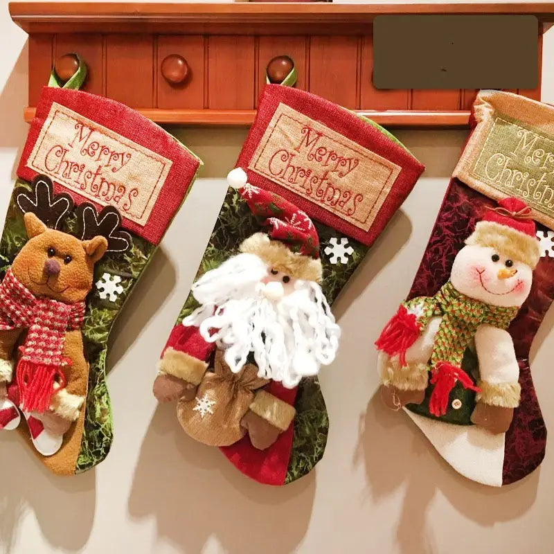 Christmas Stocking Socks with Santa Snowman Elk and Xmas Tree Ornaments