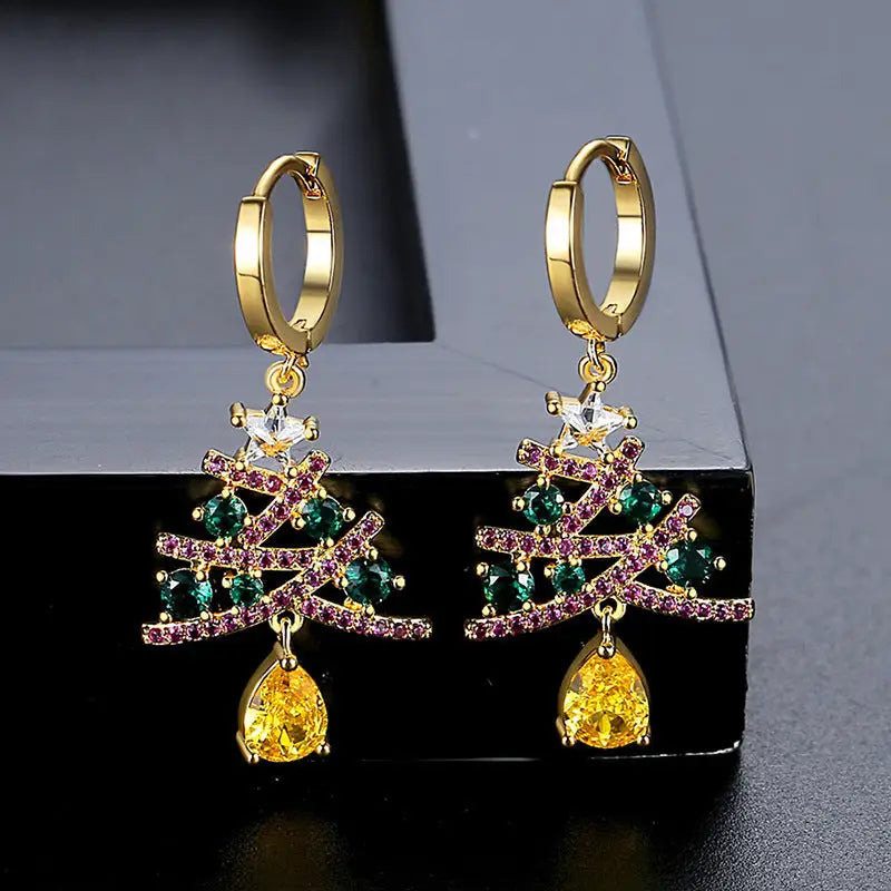 Christmas Tree Rhinestone Earrings for Shining Women’s Jewelry - Gold