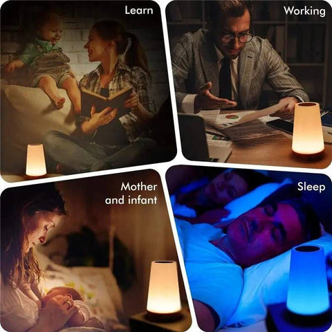 Lamp with warm glow in various settings, showcasing 13-color changing night light features