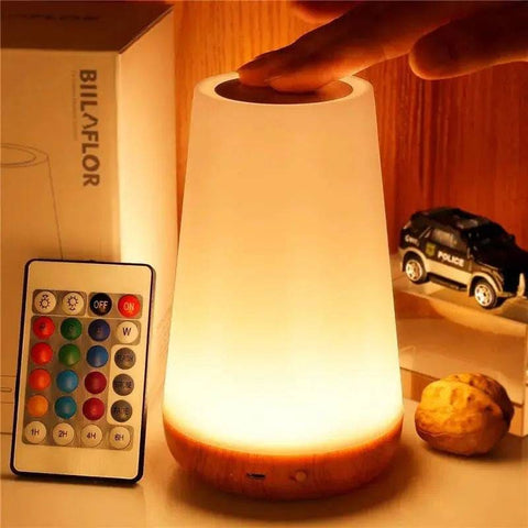 Glowing 13-color changing night light LED night lamp with conical shade and wooden base