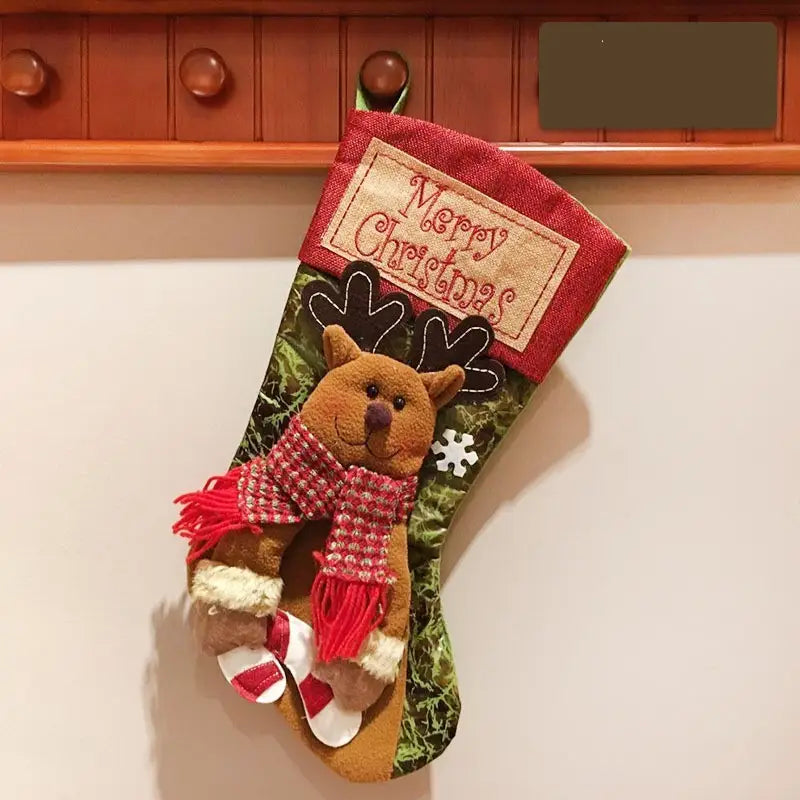 Christmas Stocking Socks with Santa Snowman Elk and Xmas Tree Ornaments - Elk