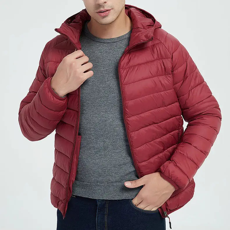 Men’s Lightweight Hooded Winter Coat in Solid Color Zipper Design