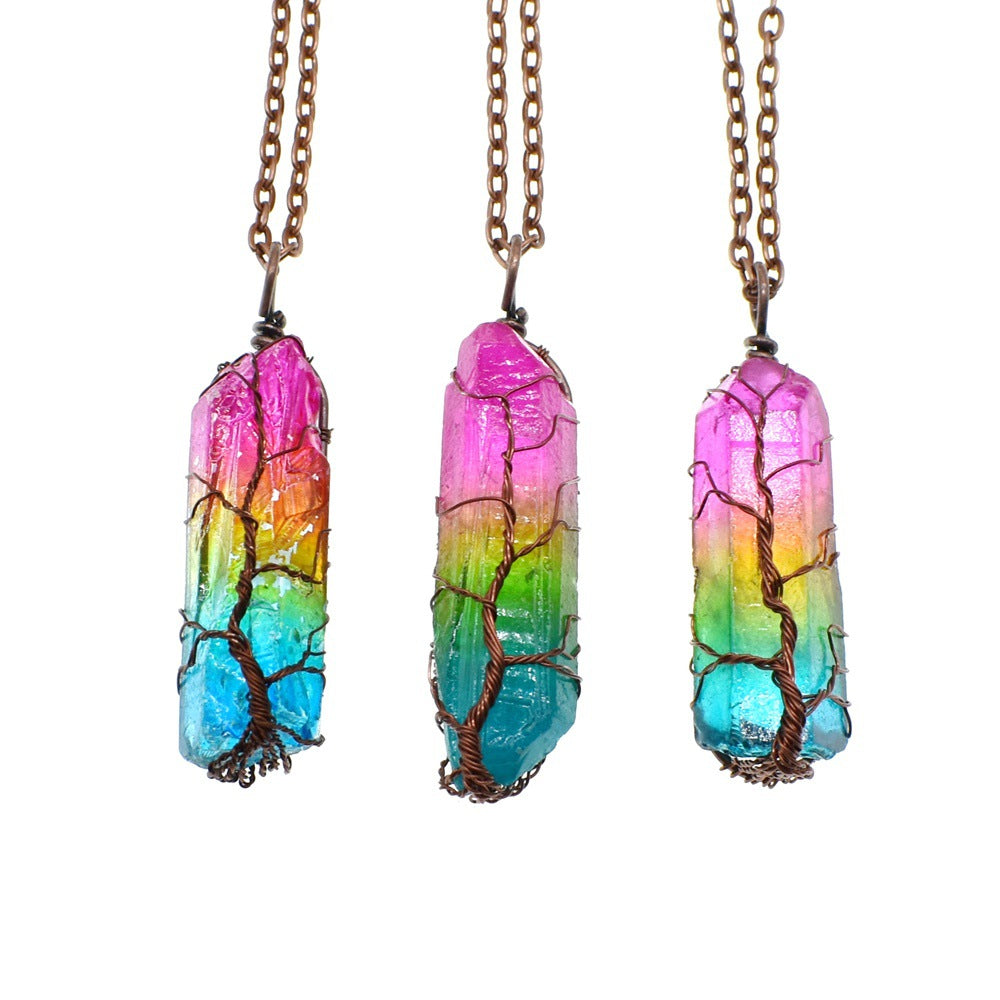 Simple Rainbow Stone Crystal Column Necklace with O Chain - Hair Remover