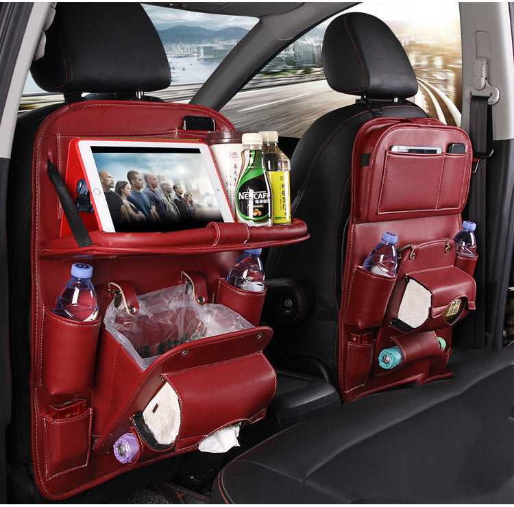 PU Leather Car Storage Hanging Bag with Tissue Box and Tray - Wine red