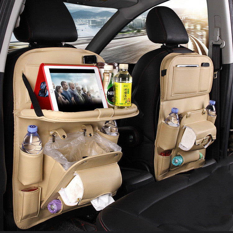 PU Leather Car Storage Hanging Bag with Tissue Box and Tray - Beige
