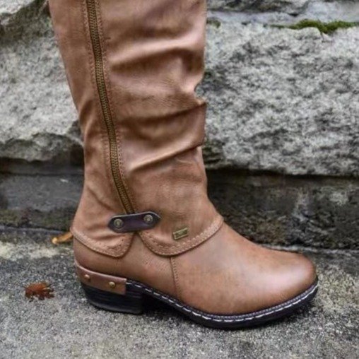 Women’s Round Toe Comfort Ankle Booties with Low Heel - 35 / Khaki