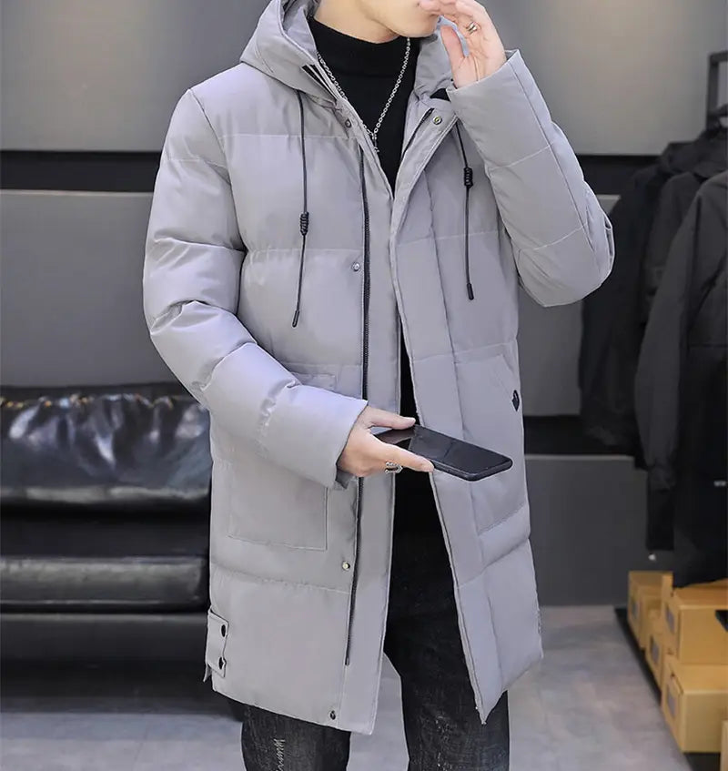 Long Hooded Jacket Men - Winter Warm Windproof Coat Fashion Solid Color