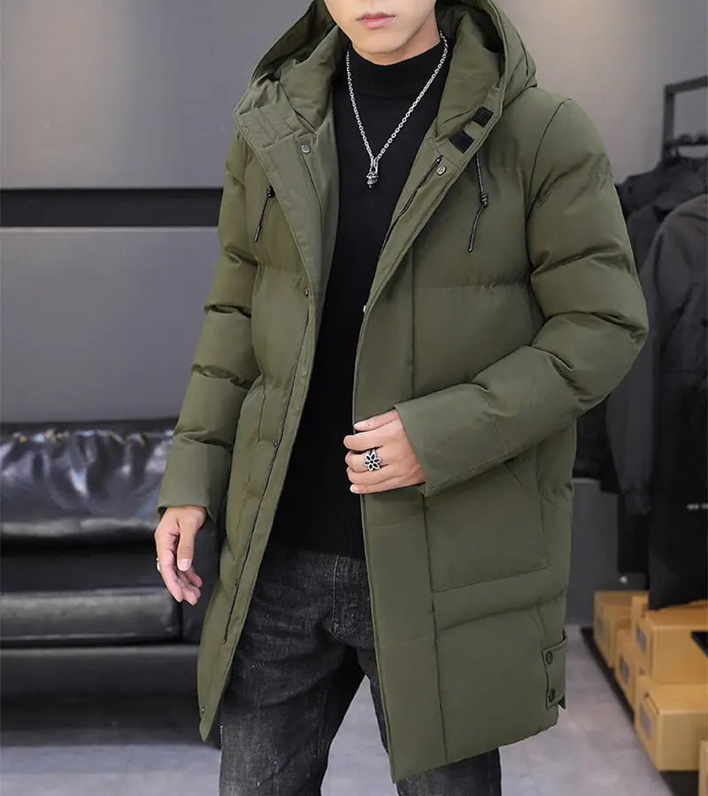 Long Hooded Jacket Men - Winter Warm Windproof Coat Fashion Solid Color