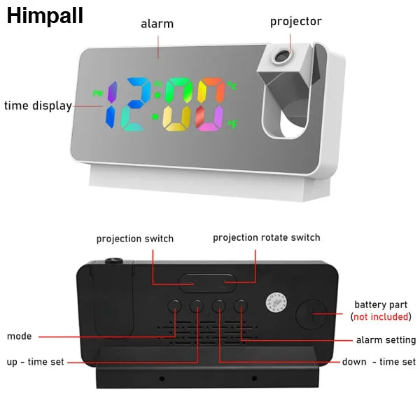 180° Rotation LED Digital Projection Alarm Clock for Bedroom