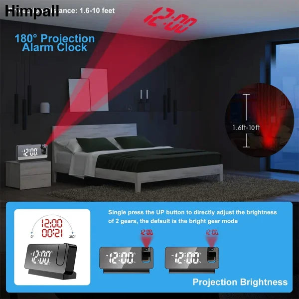 180° Rotation LED Digital Projection Alarm Clock for Bedroom