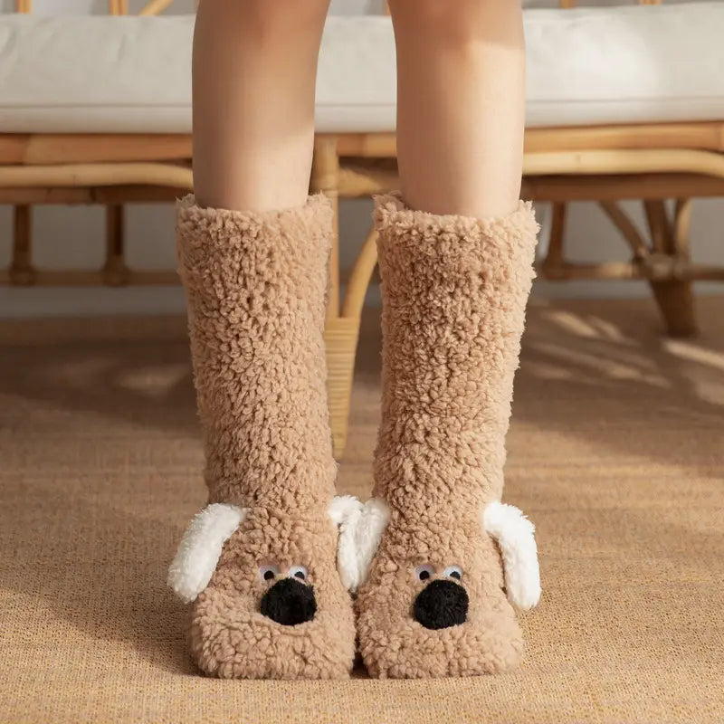 Cute Cartoon Dog Winter Warm Plush Floor Socks for Women