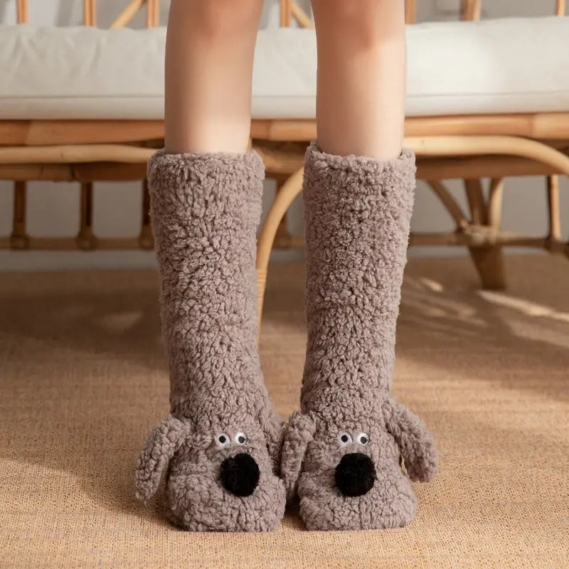 Cute Cartoon Dog Winter Warm Plush Floor Socks for Women