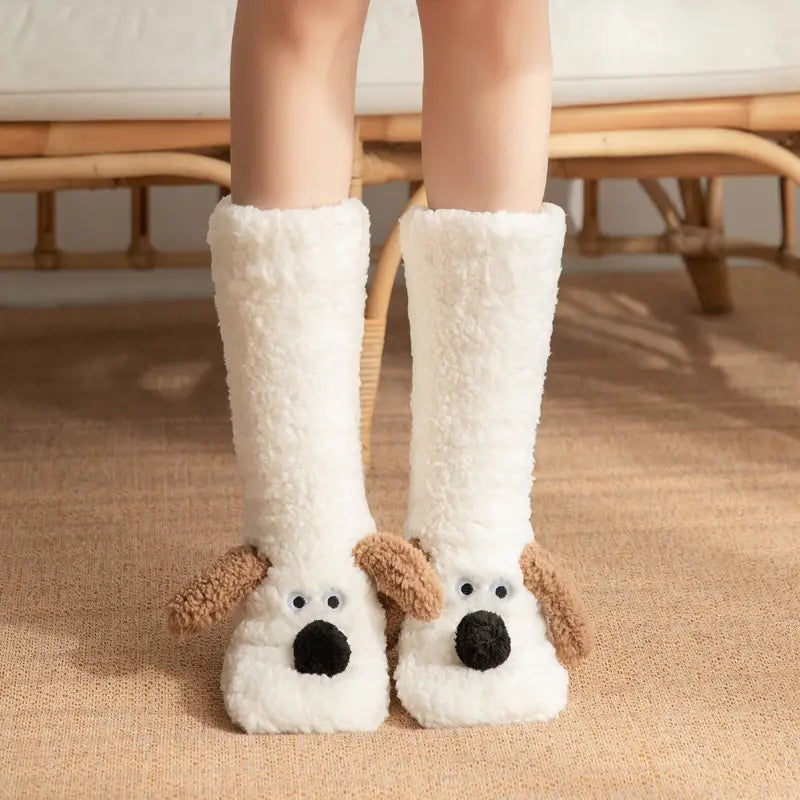 Cute Cartoon Dog Winter Warm Plush Floor Socks for Women