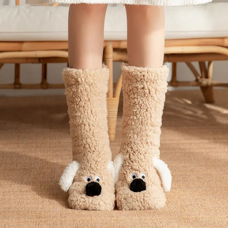 Cute Cartoon Dog Winter Warm Plush Floor Socks for Women