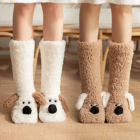 Cute Cartoon Dog Winter Warm Plush Floor Socks for Women