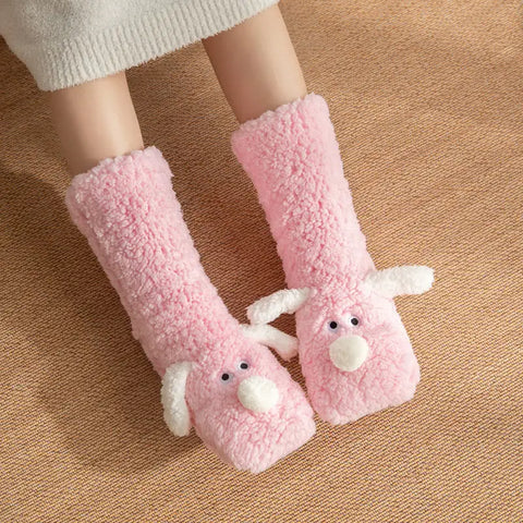 Cute Cartoon Dog Winter Warm Plush Floor Socks for Women