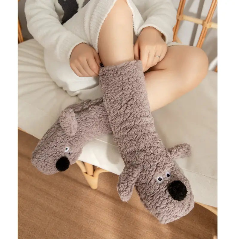 Cute Cartoon Dog Winter Warm Plush Floor Socks for Women