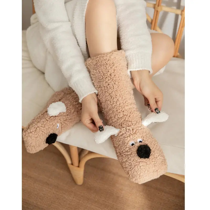 Cute Cartoon Dog Winter Warm Plush Floor Socks for Women