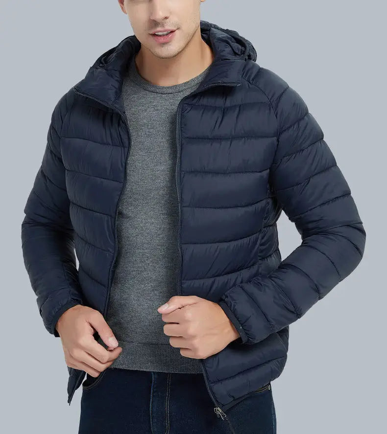 Men’s Lightweight Hooded Winter Coat in Solid Color Zipper Design