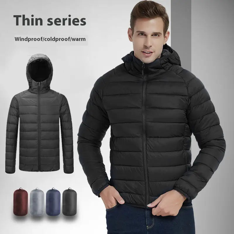 Men’s Lightweight Hooded Winter Coat in Solid Color Zipper Design