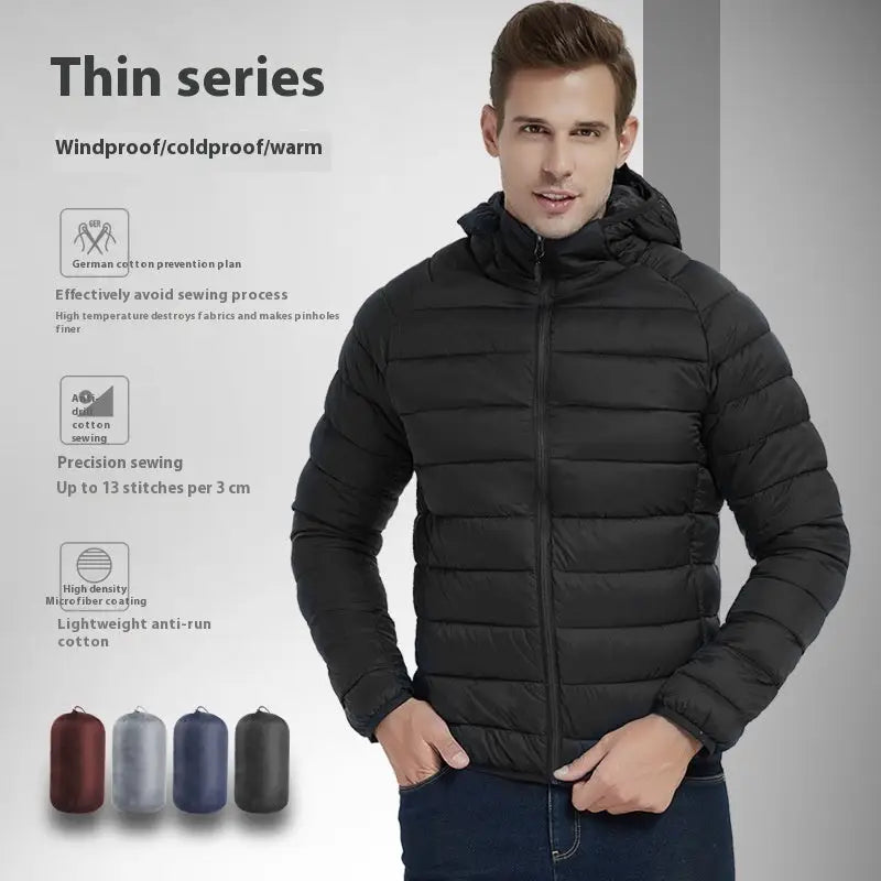 Men’s Lightweight Hooded Winter Coat in Solid Color Zipper Design