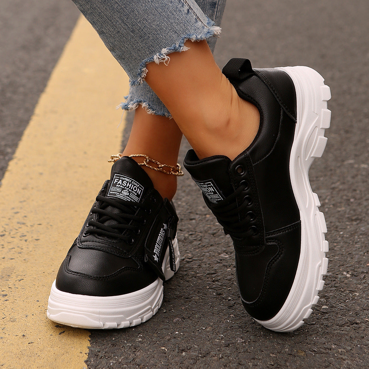 Women Casual Flat Round Toe PU Leather Stitching Shoes