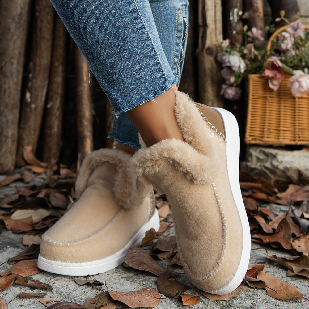 Fleece-lined Thick Plush Boots Warm Sewing Flat Cotton Shoes Winter Ankle Boot - Khaki / 36