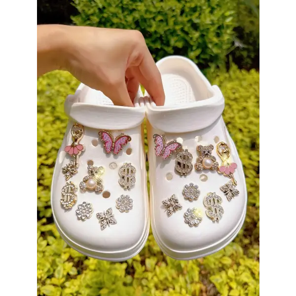 18pcs Gold Rhinestone Bear Shoe Charms – Cute DIY Detachable Accessories for Clogs - Pink