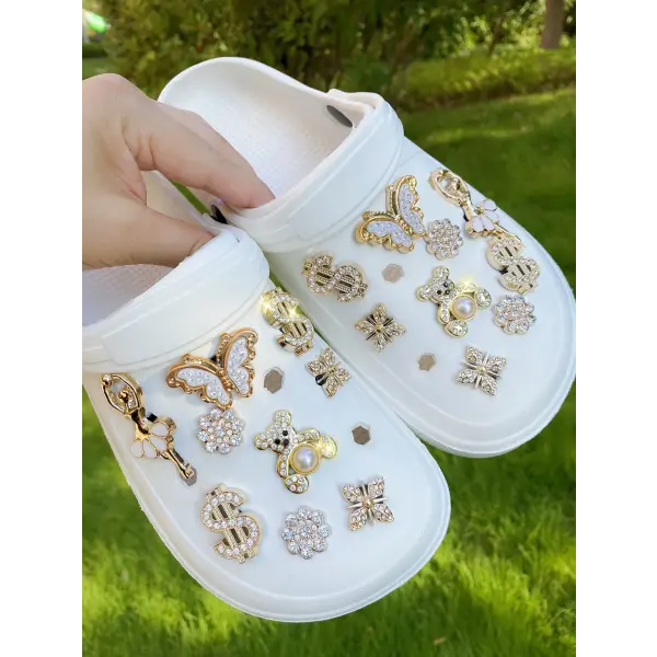 18pcs Gold Rhinestone Bear Shoe Charms – Cute DIY Detachable Accessories for Clogs