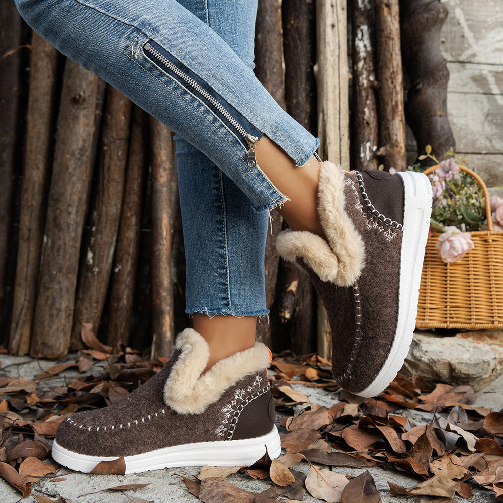 Fleece-lined Thick Plush Boots Warm Sewing Flat Cotton Shoes Winter Ankle Boot - Brown / 36